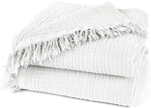 Pure Label Musselin Decke 130x170 Weiß aus Baumwolle | Oeko-Tex zertifizierte- 3-lagige Musselin Kuscheldecken für Couch & Sofa