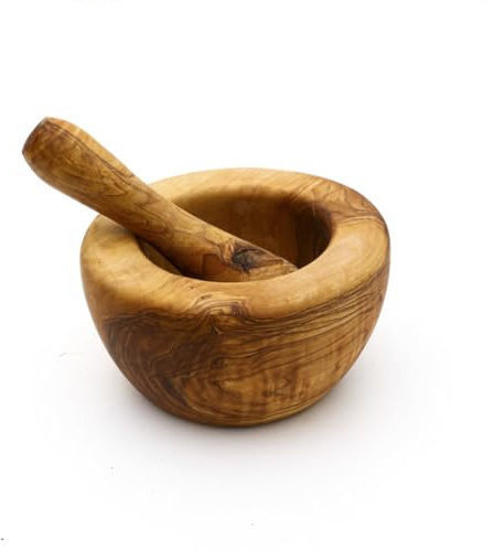 Mortier et pilon en bois d'olivier, fabriqué à la main, pour épices et herbes