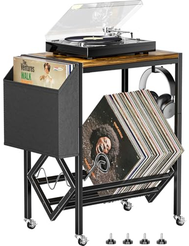 Supporto in Vinile per Dischi e Giradischi, Tavolo in Legno e Metallo, Fino a 80 LPs, con Ruote e Sacchetto di Stoffa Organizzatore (Nero)