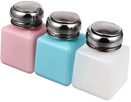 FRCOLOR 3pcs 100ml Stainless Steel Nail Press Bottles Set for Nail Polish Remover, Empty Liquid Press Dispenser for Salon and Home Use White, Pink, and Sky Blue