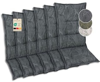 GO-DE Textil Bequeme und attraktive Polsterauflagen für Hochlehner-Gartenstühle (6er-Set, Blattmotiv groß anthrazit, Hochlehner)