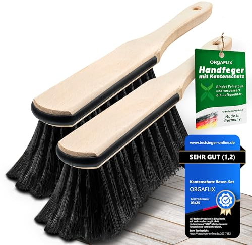 ORGAFLIX 2 spazzole per capelli di cavallo di alta qualità con protezione dei bordi, extra antipolvere grazie alla miscela di peli di cavallo, scopa a mano senza scopa, spazzola per capelli rossi