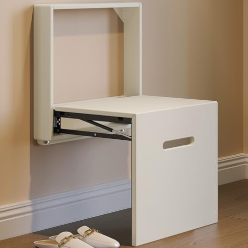 Guyii Wandklappstuhl für Flur & Eingangsbereich – Platzsparender Klapphocker zur Wandmontage – Faltbarer Sitzplatz zum Schuhe anziehen – Minimalistischer Flurhocker in Weiß (Große Größe)