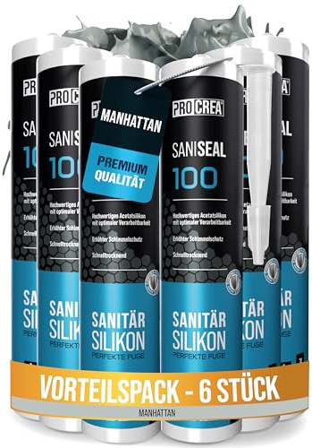 PROCREA® 6x Premium Silikon Saniseal 100 (manhattan) [Schimmelresistent] Hochwertiges Sanitärsilikon zum abdichten für Fugen in Bad, Dusche & Küche uvm. - Silicon grau - Profi-Qualität