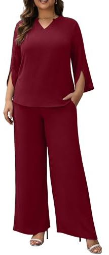 Auciccoo Pants Suits for Women Dressy Plus Size 2 Piece Sets 3/4 Sleeve Blouse Wide Leg Pants for Business Casual Work & Daily Wear