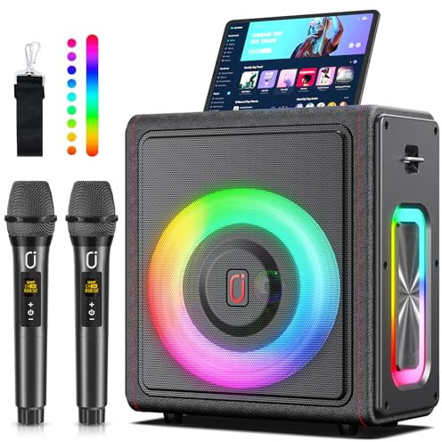 Karaoke Maschine, Tragbarer Bluetooth 5.3-Lautsprecher mit 2 drahtlosen Mikrofonen, Pa Anlage mit Tonhöhenkorrektur und Echoanpassung, Unterstützung für TWS/TF-Karte/USB/AUX für Familientreffen