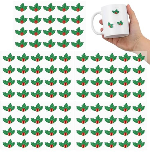 Christmas Leaf Stickers 5 Sheets Green Red Holly Decorative Stickers with Glitter Rhinestones for Holiday Card Making Scrapbooking DIY Crafts