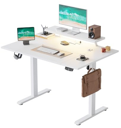 Agilestic Höhenverstellbarer Schreibtisch mit flexiblem Monitorständer | Schreibtisch elektrisch 120 x 80 cm, LED-Lichtleiste, USB-Steckdose, 2 Speicherplätze, für Homeoffice, Weiß