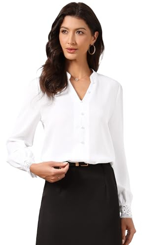 Allegra K Chemisier Femme en Mousseline Col Montant Décolleté en V Fendu | Manches Longues Blouse de Bureau Décontracté