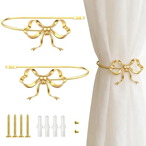 Vorhang Raffhalter Wandhaken, Raffhalter für Vorhänge, Gardinenhalter Wand Gold Schleifen, Vorhang Halter,Gardinen Halterung,Gardinenraffer,Curtain Tiebacks für Wohnzimmer Schlafzimmer Büros,2 Stk (B)