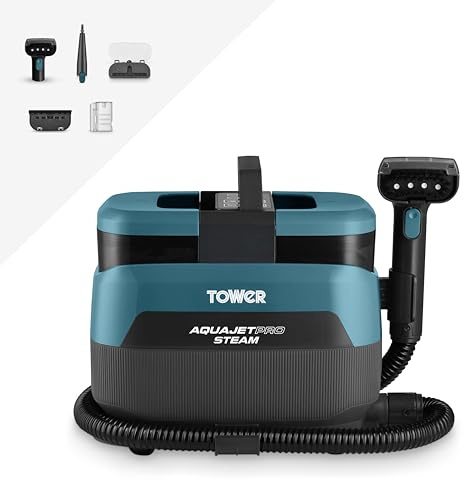 Tower Aquajet Pro Spot Cleaner with Steam, Hot and Cold Spray Functions, 1250ml Clean Tank, 1150ml Dirty Water Tank, 45 Minute Runtime, 1700W, Platinum & Tiffany Blue, T548008
