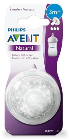 Philips Avent Natural Teat, 3 Months+, Medium Flow, Anti-Colic, Pack of 2 - SCF043/27 2 2 Count (Pack of 1)