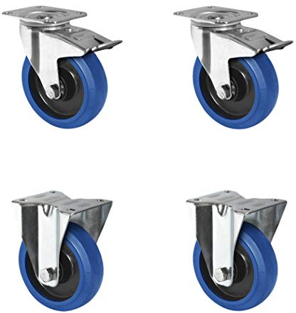 CASCOO SETTPFP100R4E1B34 Rollensatz 2 Lenkrollen mit Feststeller, 2 Bockrollen, Polyamid, Elastik blau, Gummi, Durchmesser 100 mm, Kugellager, Transportrollen, Traglast 480 kg (4-er Pack)