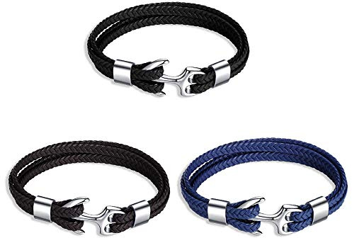 Unendlich U Herren Handgefertigt Anker-Armband Armbänder 22.5cm lang aus hochwertigem Kunst-Leder mit Edelstahl Anker für Männer