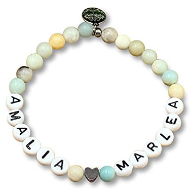 Majas Perlen - Armband Amazonit Kindernamen - Herz echt platiniert - Armband mit Namen - Geschenk Liebe Mama Geburt Freundschaft - Perlen 6mm - Rosenquarz Labradorit Labradorit Granat - Handmade