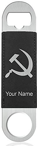 LaserGram Bottle Opener, Hammer and Sickle, Personalized Engraving Included (Faux Leather, Black & Silver)