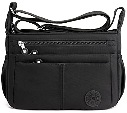 FANDARE Casual Schultertasche Damen Leichte Umhängetasche Wasserdicht Nylon für Sporttasche Arbeitstasche Reise Freizeit Crossbody Bag Schwarz