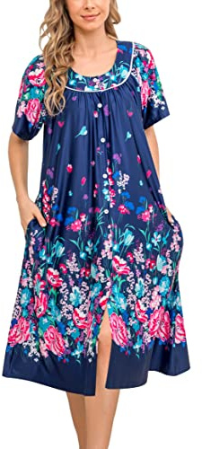 YOZLY House Dress for Women Short Sleeve House Coat Mumu Duster Robe with Pockets, Navy, XXL