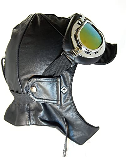 BLUETECH Cabriohaube Cabriomütze Fliegerhaube Oldtimermütze Leder in Schwarz inkl. Panorama Brille Herren Damen Unisex N