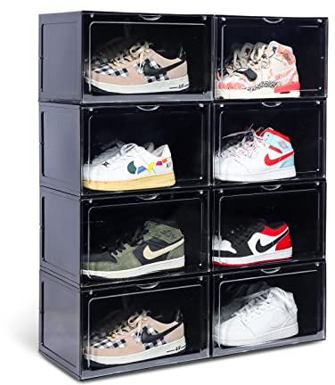 OMOPIN XL clear shoe storage boxes stackable, 8 Pack Large Shoe Boxes Clear Plastic Stackable, Drop side Sneaker Container Fit Size 13 (Black 8 Pack)