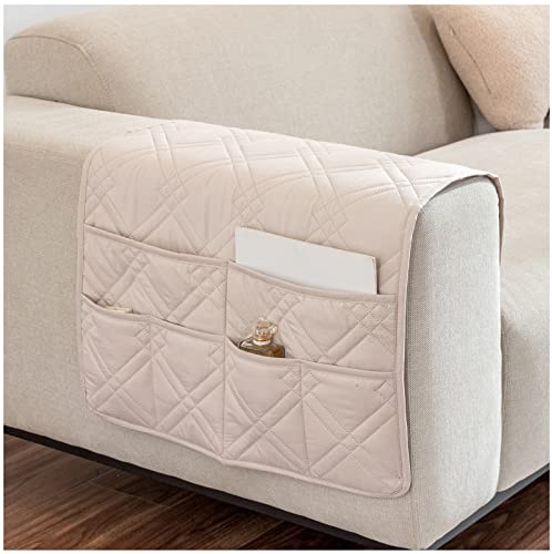 AWAV Organizador de Reposabrazos para Sofá, Bolsa de Almacenamiento para sillón, Soporte de Bolsa de Almacenamiento de Tela para Sofá para Mando a Distancia, Teléfono Móvil, Libro (Beige)