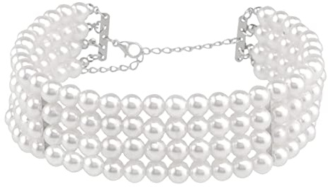 Dishowme Perlenschnüre Choker Halskette Mehrschichtige Falsche Perle Breite Halskette Weiße Perlen Versilberte Schmuckkette für Frauen Mädchen