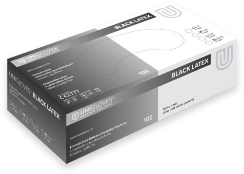 UNIGLOVES - Robuster BLACK LATEX Einweghandschuh | Puderfrei | Schwarze Einweghandschuhe zum Kochen, Tätowieren uvm. | Küchenhandschuhe schwarz | 100 Stück | Einmalhandschuh S