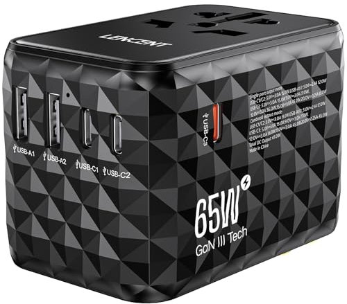 LENCENT Adaptateur de Voyage Universel 65W avec 2 USB-A et 3 USB-C, Charge Rapide pour téléphone, Ordinateur Portable, Adaptateur de Prise de Voyage International pour UK, EU, AU, US, Noir