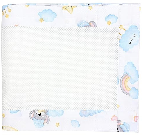 TupTam Bettumrandung Babybett 3D Mesh Nestchen – Gitterstäbe Schutz Netz 2er, Farbe: Schlafender Koala Blau Gelb, Größe: ca. 128 x 30 cm (für Babybett 140x70)