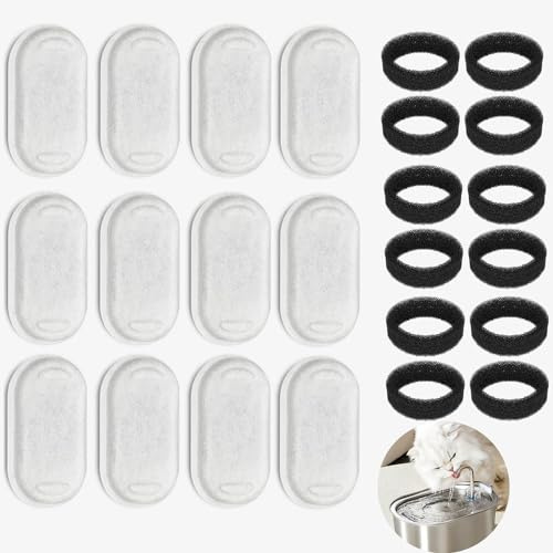 Filtro Fuente para Gatos, Filtro Bebedero Gatos Fuente,12 Filtros De Carbón y 12 Esponjas De Espuma, para 3,2 l Fuentes de Acero Inoxidable