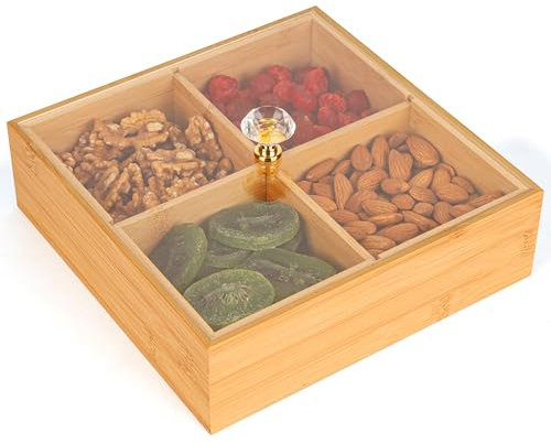 BELLE VOUS Quadratische Serviertablett aus Holz mit Deckel - Dekorative Aufbewahrungsbox mit 4 Fächern & Deckel - 22 x 22 cm - Mehrzweck-Teebox Holz Aufbewahrung für Andenken, Schmuck, Bastelbedarf