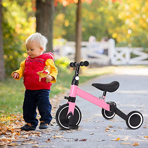 HUOLE Bici senza Pedali con 25 kg di Carico, Triciclo Bambini -bici multifunzionale 4in1 per le bambine e i bambini (massimo carico 25kg). I pedali sono rimovibili-2 in 1 (rosa)