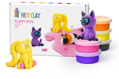 Hey Clay Fluffy Pets - Pasta modelable medium set para animales domésticos. Arcilla de modelar para niños en paquete de 3 sujetos 6 colores. Juego mediano de gato, conejo y hámster, con aplicación