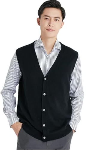 Men's 100% Cashmere Sweater Vest Solid Button Down V Neck Cardigan Waistcoat Sleeveless Jumper Black XXL