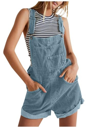Latzhose Damen Jeans Arbeitslatzhose Damen Jeanshose Damen High Waist Cargohose Damen Baggy Damen Bermuda Shorts Latzhose Damen Sommer Baumwolle Jeanshose Mit Trägern Damen Hellblau L