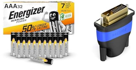 Energizer AAA Batteries, Alkaline Power, Triple A Battery Pack, 32 Pack (Packaging May Vary) & KabelDirekt – HDMI > DVI Adapter (DVI 24+1, 1080p, Full HD, 3D, High Speed) TOP Series
