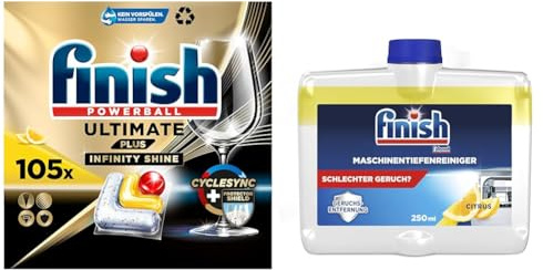Finish Ultimate Plus Infinity Shine Citrus Spülmaschinentabs, Fettlösekraft und Glanz mit Schutzschild – 105 Caps + Maschinentiefenreiniger 1 x 250 ml mit Zitronenduft