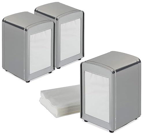 Paluplus 3 Portatovaglioli da Bar a Molla SILVER, misura 10x9x13 cm, Dispenser in Acciaio Inox per Tovaglioli 17x17cm, Distributore da tavolo di Fazzoletti Salviette Piccole per Gelateria, Bar -0057