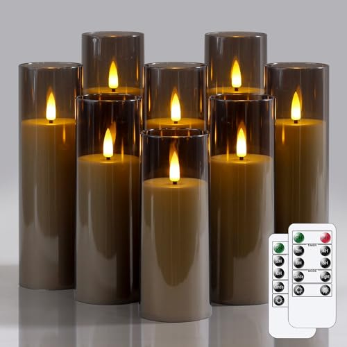 Wroxipel Packung mit 8 Acryl flammenlos flackernden 5,5 cm x 12,5 15 17,5 20 cm Grau Kunststoff LED-Kerzen mit Fernbedienung, batteriebetrieben Zyklus Timerfunktion Kerzen