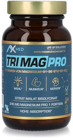 AX-MED TRI MAG PRO Magnesiumcitrat, Malat, Diglycinat, Magnesiumkomplex, Vitamine B1, B6, B12, D3, BOR, hochdosiert, 3 Magnesiumformen, 60 Kapseln, für Nerven, Gedächtnis, Konzentration, Muskeln, Herz