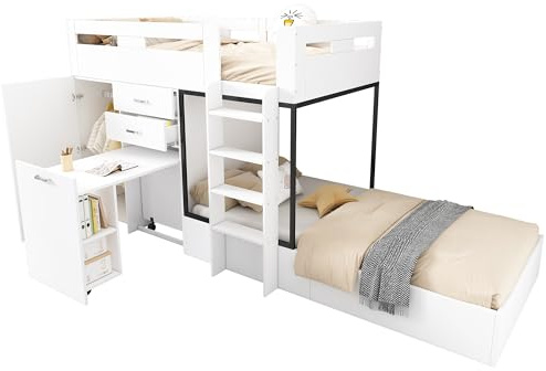 Kinderbett Hochbett für 2 Kinder, Etagenbett mit Ausziehbarer Schreibtisch, Kleiderschrank, Bücherregal, Schubladen und Trittleitern, Funktionsbett Stockbett Jugendbett, Weiß,90x200 cm(ohne Matratze)
