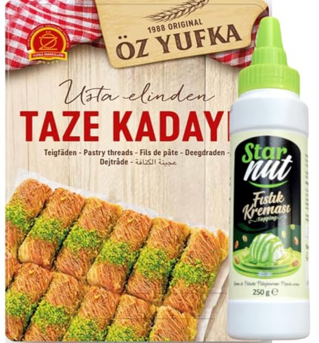 OZYUFKA - Hilos de masa fresca Kataifi Kadayıf Shredded Fillo Masa Pastelería Kadaifi Hilos Taze Kadayif para chocolate Dubai 400 gr con crema de pistacho 250 gramos