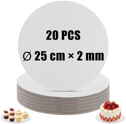 SHUESS 20 x tårtbräda 25 cm rund 2 mm tjocklek – tårttallrik kartong vit tårtunderlägg rund av kartong – slitstark och återanvändbar tårttallrik – tårttallrik för bröllop, födelsedag, dessertdisplay