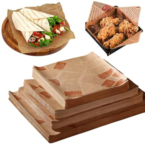 Lot de 200 feuilles de papier sulfurisé, 4 tailles, papier d'emballage pour hamburger, papier d'emballage alimentaire, idéal pour le fromage, le pain, les sandwichs, les frites (22 cm, 20 cm, 18 cm