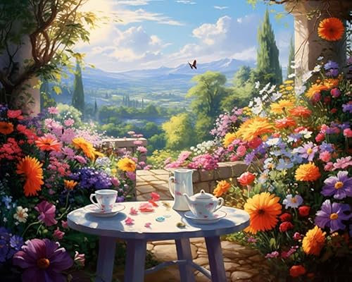 YarnAdventures Garden View DIY Paint by Number for Adults Beginner,Table and Tea Set,Painting by Number Kits On Canvas,Creative Surprises in Oil Painting,for Gift,Christmas,16x20in Frameless