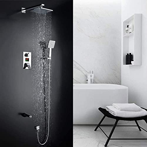 FHSLKXIM Juego De Grifo De Ducha De Latón Cromado para Baño, Cabezal De Ducha De Lluvia De Pared, Cuadrado, Grande, Pantalla Digital De Mano, Sistema De Ducha En Cascada
