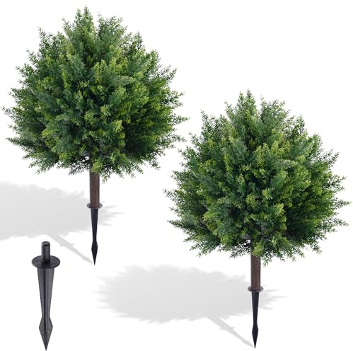 24.8'' Artificial Cedar Topiary Ball Trees, Set of 2 Fake Cypress Bushes Shrubs with Spikes UV Resistant Evergreen Faux Cypress Tree Plants for Planters Front Porch Outside Spring Garden Decor