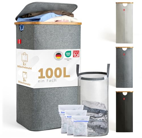 Blumtal Wäschekorb 100L - Wäschesammler mit herausnehmbarem Wäschesack - Wäschekorb schmal - laundry baskets - Pfandflaschensammelbehälter mit Deckel in schönem grau - laundry bag