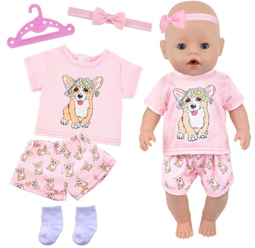 5 Stück Kleidung Outfits für 14-18 Zoll Baby Puppen, 35-45cm Baby Puppenkleidung Outfits 1 süßes rosa Kurzarmshir 1 Welpenshorts 1 Haarband 1 Kleiderbügel 1 Socke Geburtstagsgeschenk für Mädchen