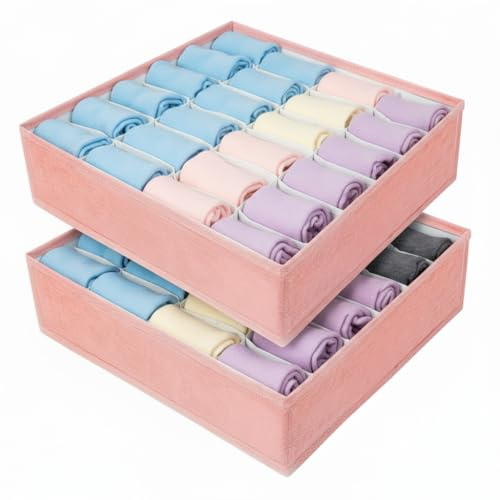 AiQInu Aufbewahrungsboxen für Socken 2 Stück, 24 Zellen Schublade Organizer, Faltbare Organizer, Schubladen Ordnungssystem, Kleiderschrank Organizer für Krawatten, Gürtel